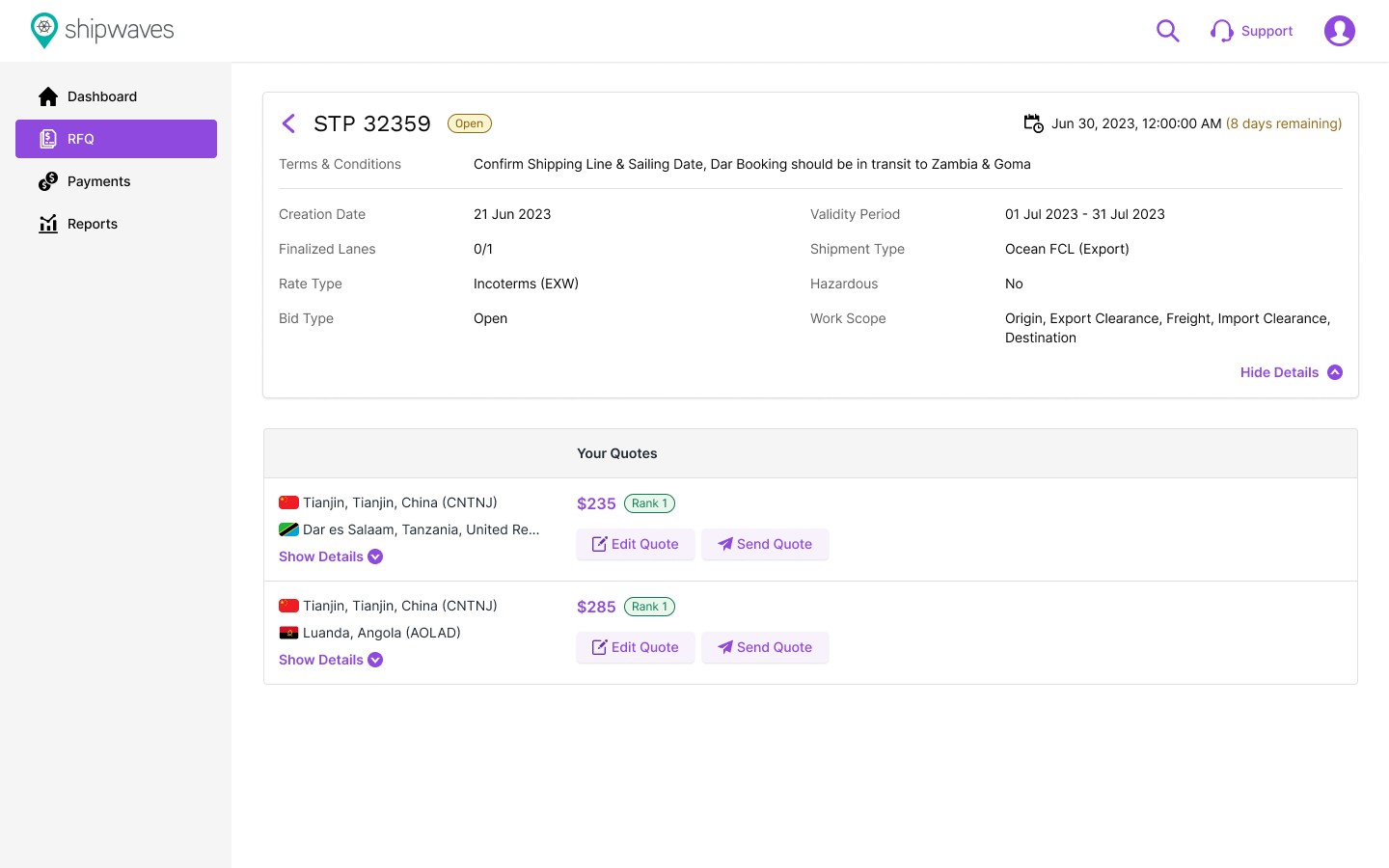 Vendor view of an RFQ with the vendor's own quotes and ranks